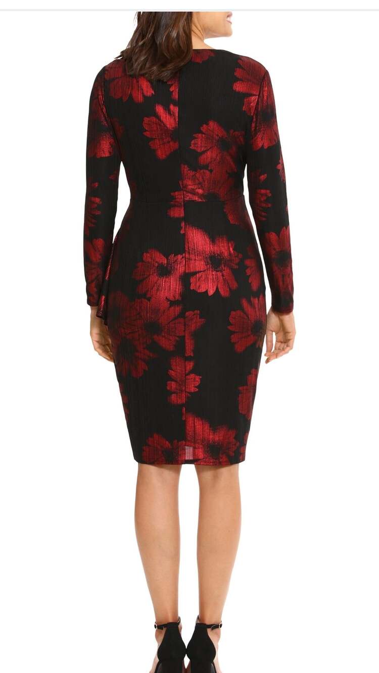 London Times Red and Black Floral Print Long Sleeve V-Neck Sheath Dress Size 18
